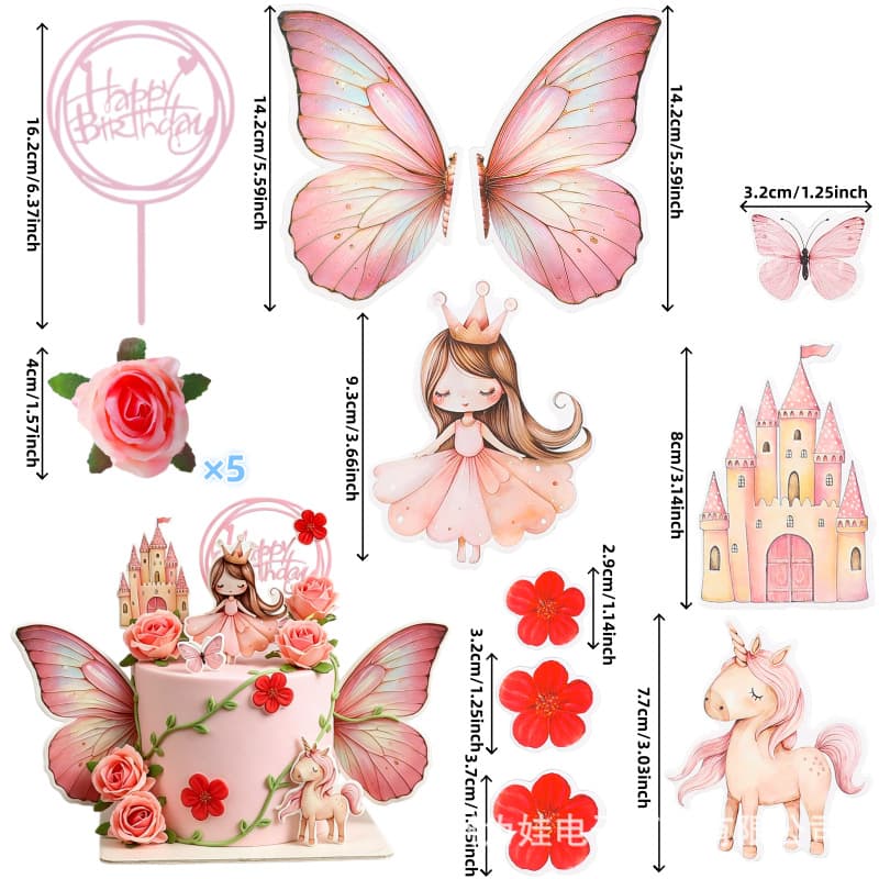 15 pieces butterfly wings castle pink princess cake birthday insert unicorn rose flower baking decoration insert