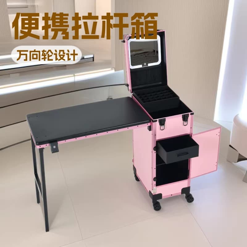 Qihui Pink Nail Art Tattoo Trolley Cosmetic Case Portable Cosmetic Case Outing Stall Storage Box Beauty Tool Box