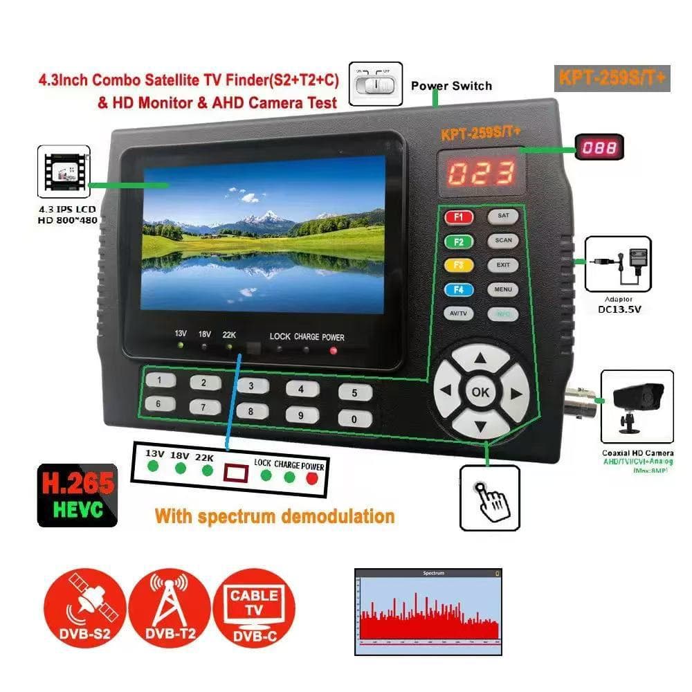 4.3" Multifunctional Monitor MP4 Tester Satellite Finder DVB-S/S2/T/T2 AHD