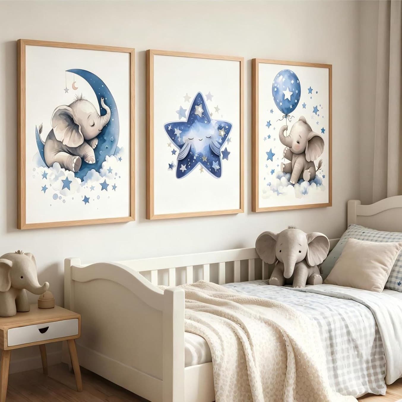 3-Pack Baby Room Elephant Canvas Wall Decor Baby Boy Room Decoration Watercolor Moon Star Elephant Poster Unframed Art