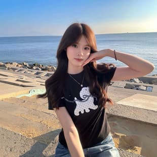 2026 Summer Korean Style Versatile Dog Print Short Sleeve T-Shirt Women's Retro Hong Kong Style Sweet Design Top Fashion