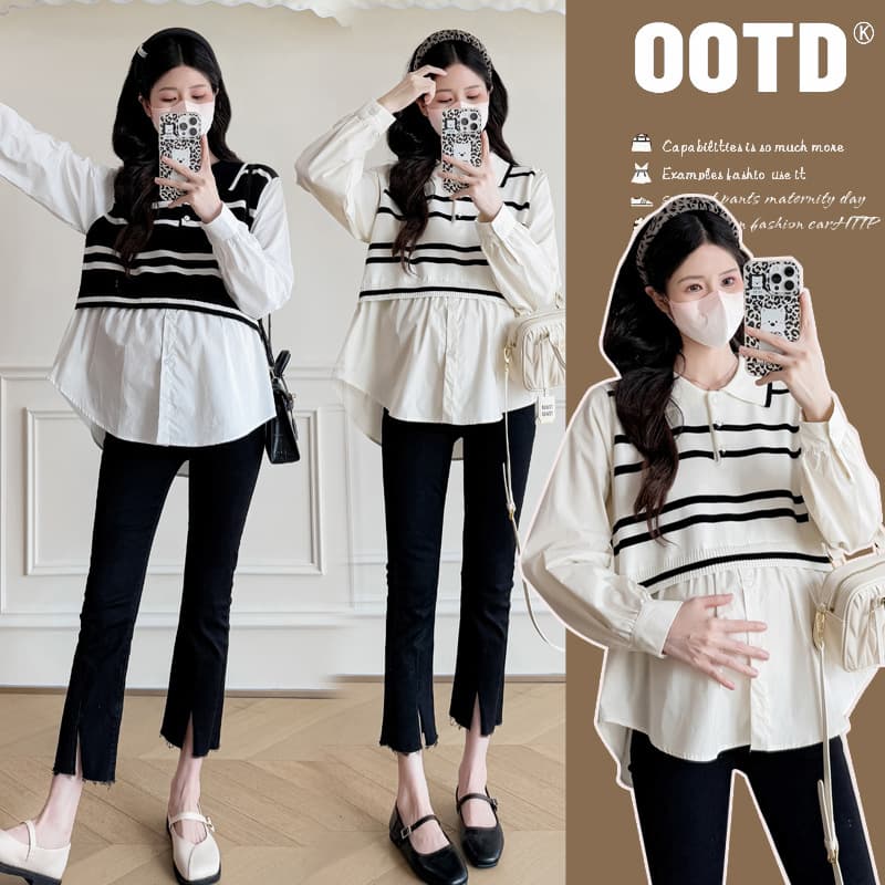 Trendy and stylish striped two-piece maternity shirt for spring and autumn, loose fit, flattering and slimming.