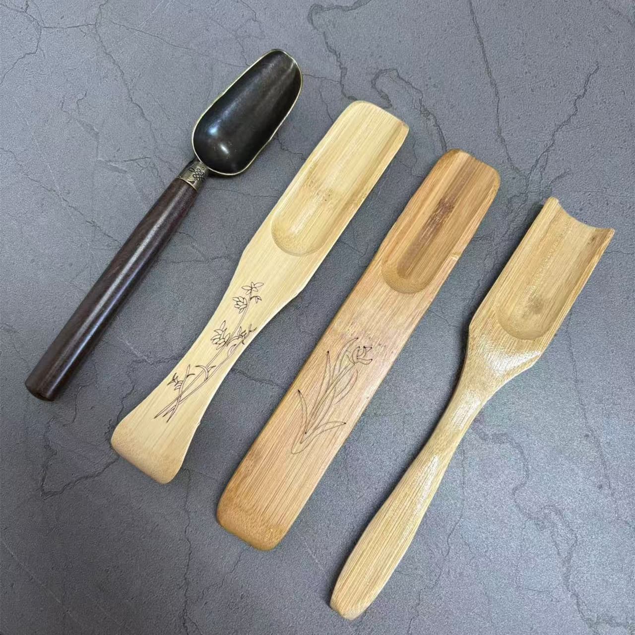 Bamboo Wood Tea Scoop Teaspoon Tea Leaf Shovel Tea Picker Fish Tail Design Orchid Pattern Tea Set Accessories