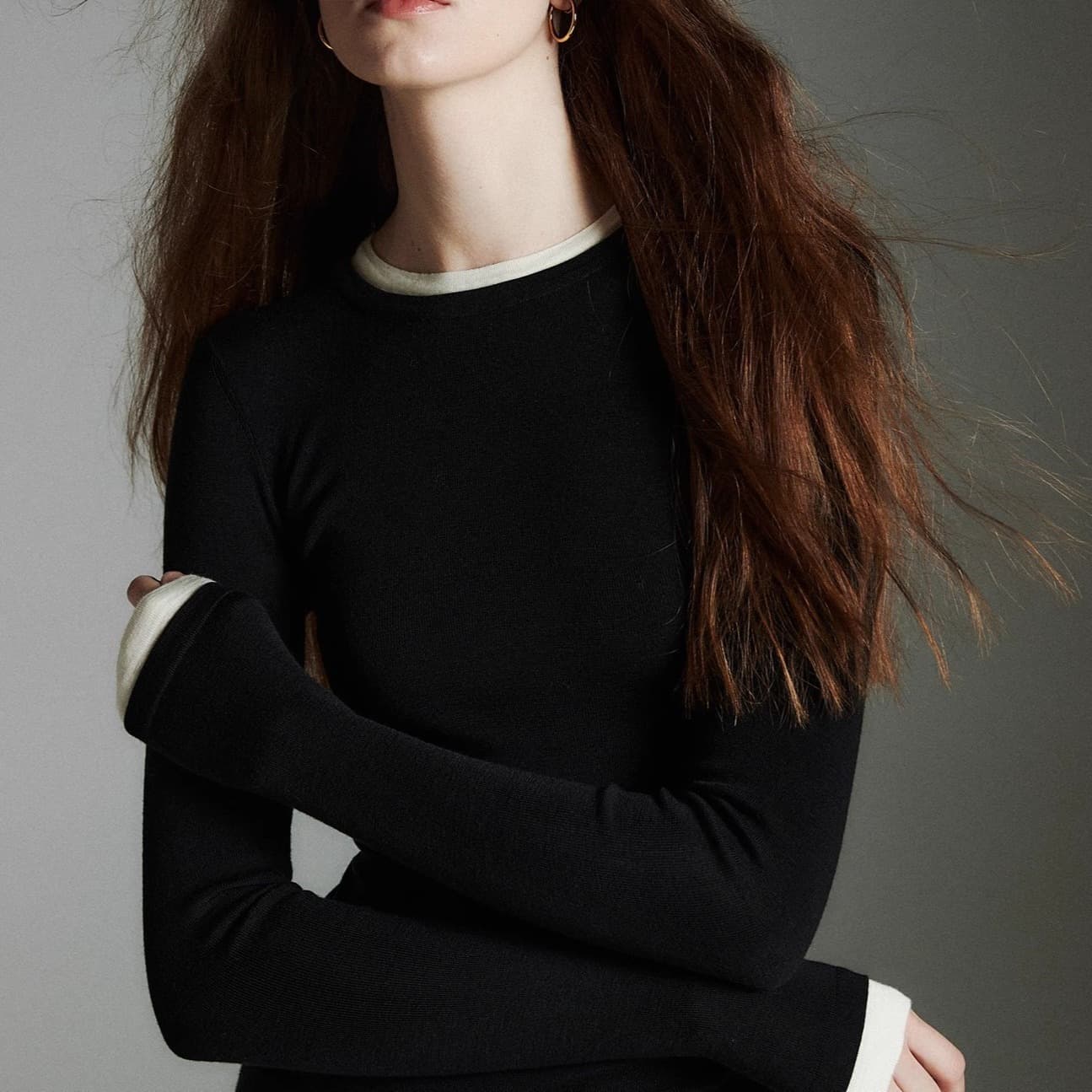 German BIELLA160s Gold Wool 120s Washable Contrast Color Fake Two-Piece Multi-Collar Knitted Base