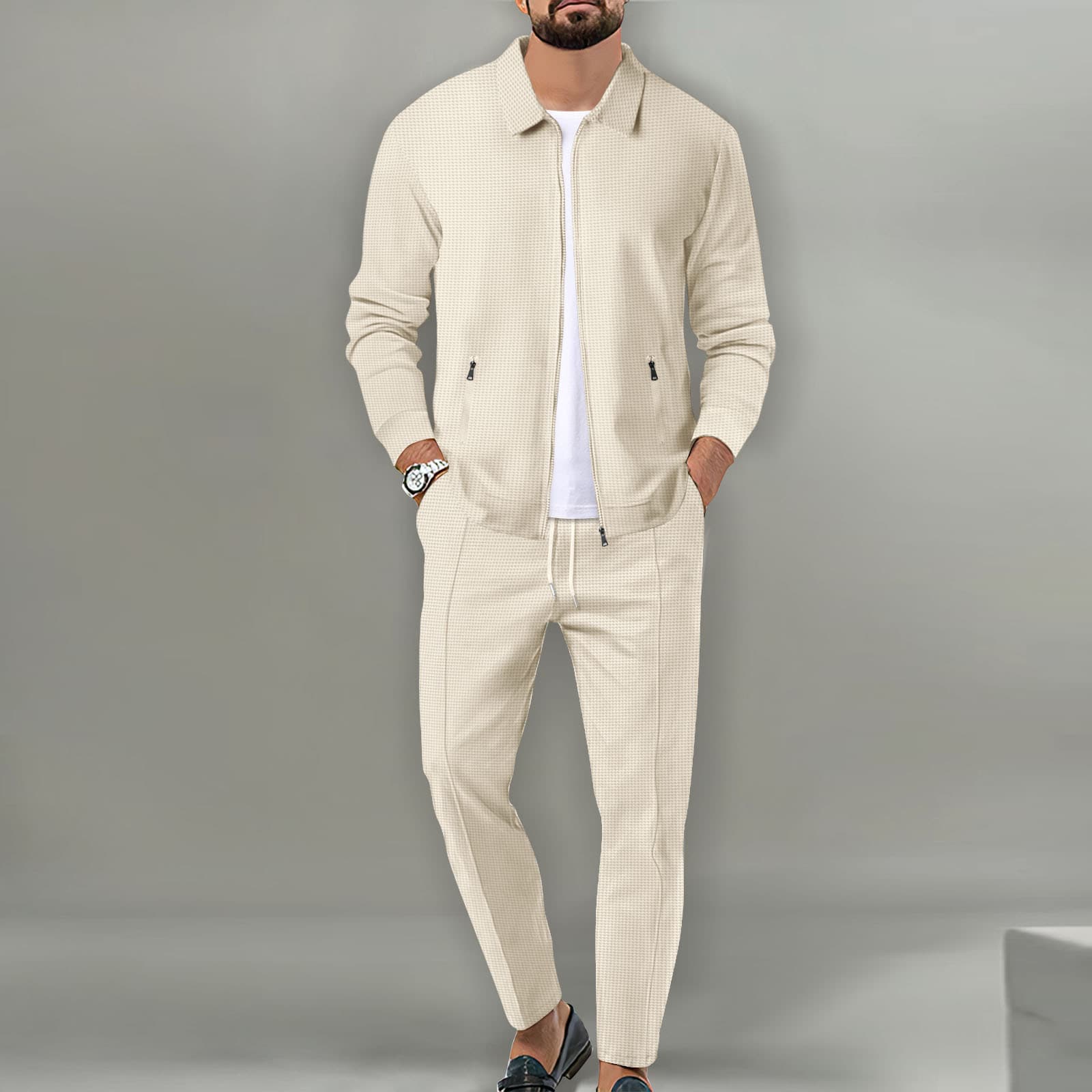2025 Cross-border Men's Jacket Autumn Youth Waffle Grid Zipper Pocket Lapel Slim Cardigan Men's Jacket Set