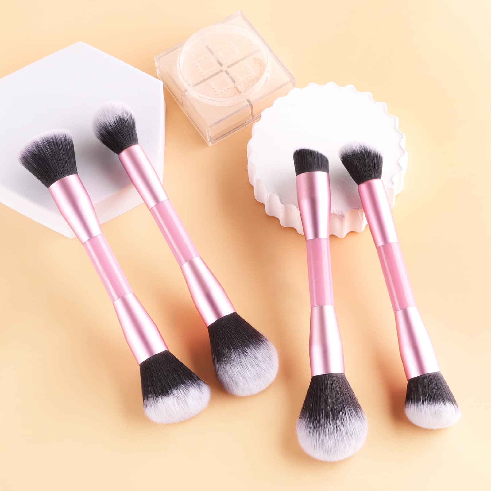 4 Dual-Ended Makeup Brushes, Pink Handle, All-in-One Powder Blush Contour Brush, Professional Makeup Tool