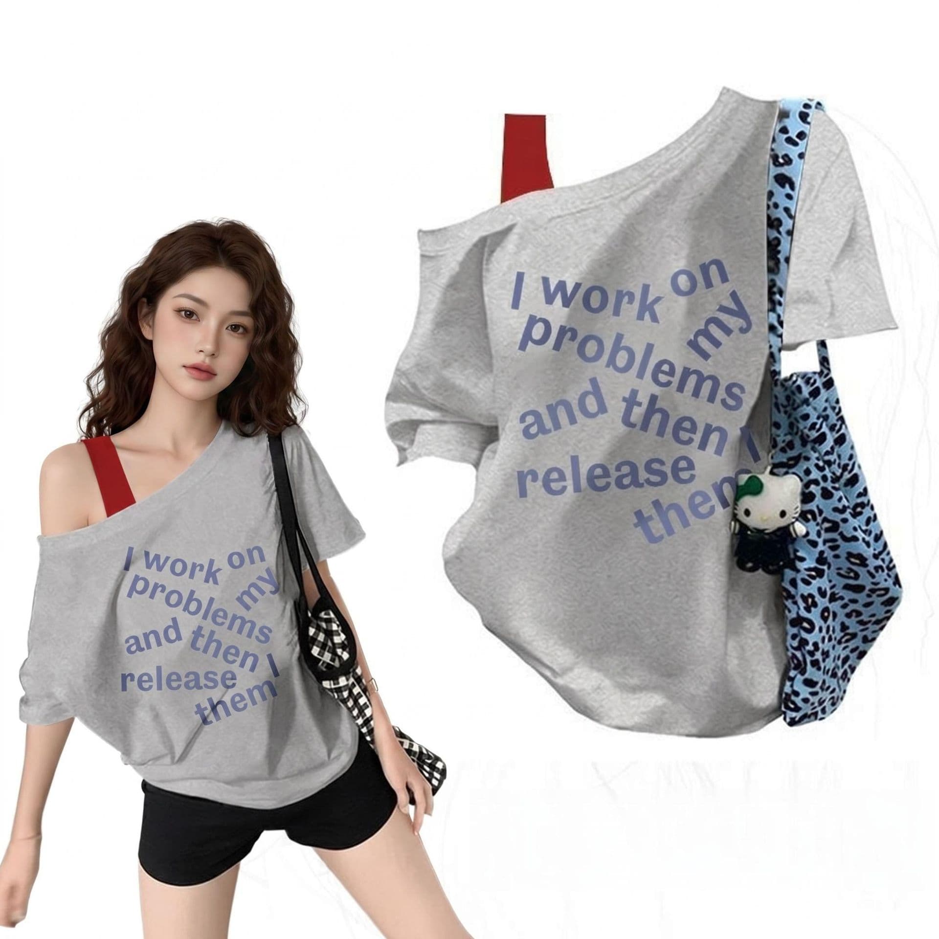 High elastic cotton fat MM plus size women's clothing 2026 summer American trendy cool letter print color-blocked slanted shoulder short-sleeved T-shirt