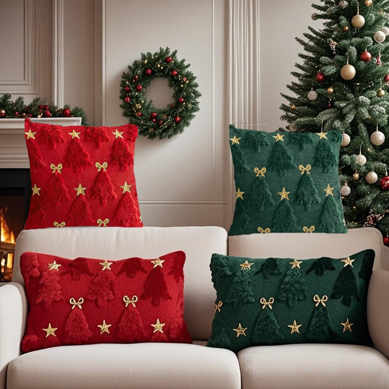 Cross-border popular Christmas tree pillowcase with Christmas bow and five-pointed star embroidery, sofa cushion, home pillowcase
