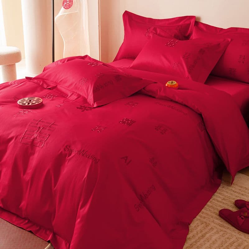 Embroidered Wedding Bedding Set, Red Bed Sheet, Cotton Bedding for Wedding Room, Cross-Border E-commerce