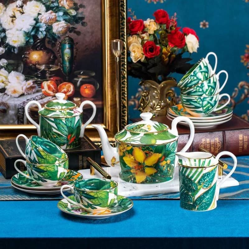 H Brand Tropical Rainforest Teapot, Milk Jug, Sugar Bowl, Coffee Cup, Fine Bone China Afternoon Tea Cup, Banquet Dinnerware Tea Set