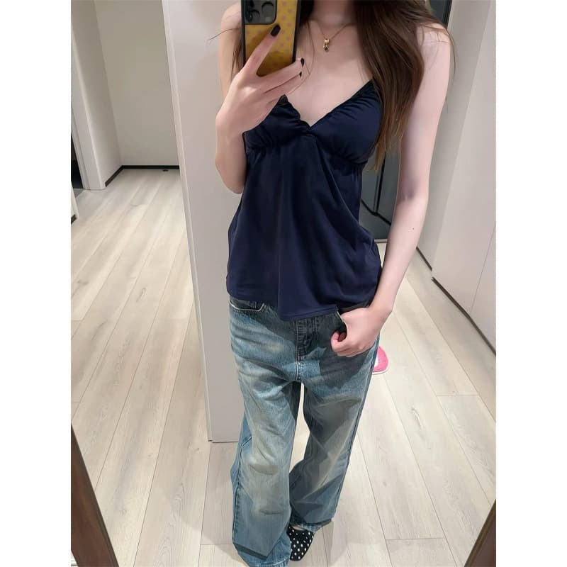 【210g 40s Combed Cotton 1x1】American Babe Style Sexy V-Neck Camisole Women's Summer Blue Sleeveless Top