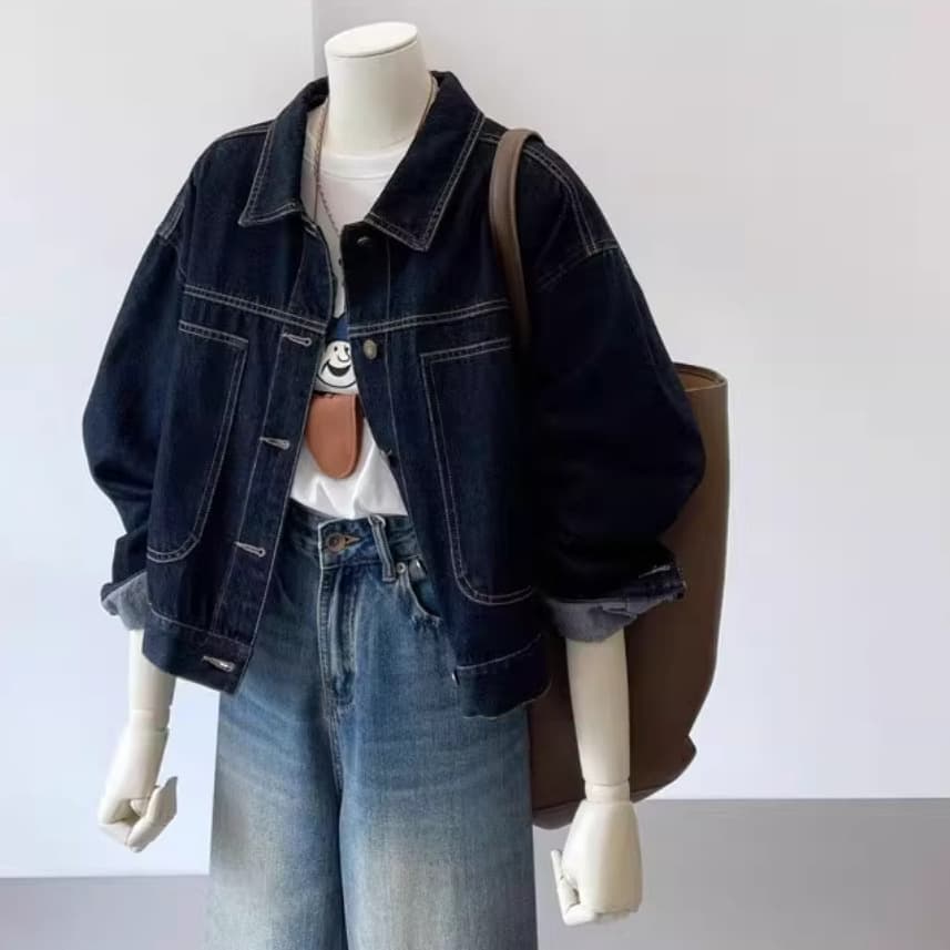 Dark Blue Vintage Workwear Denim Jacket for Women, Spring/Autumn Casual Pocket Design, Short Cropped Jacket for Petite Figures