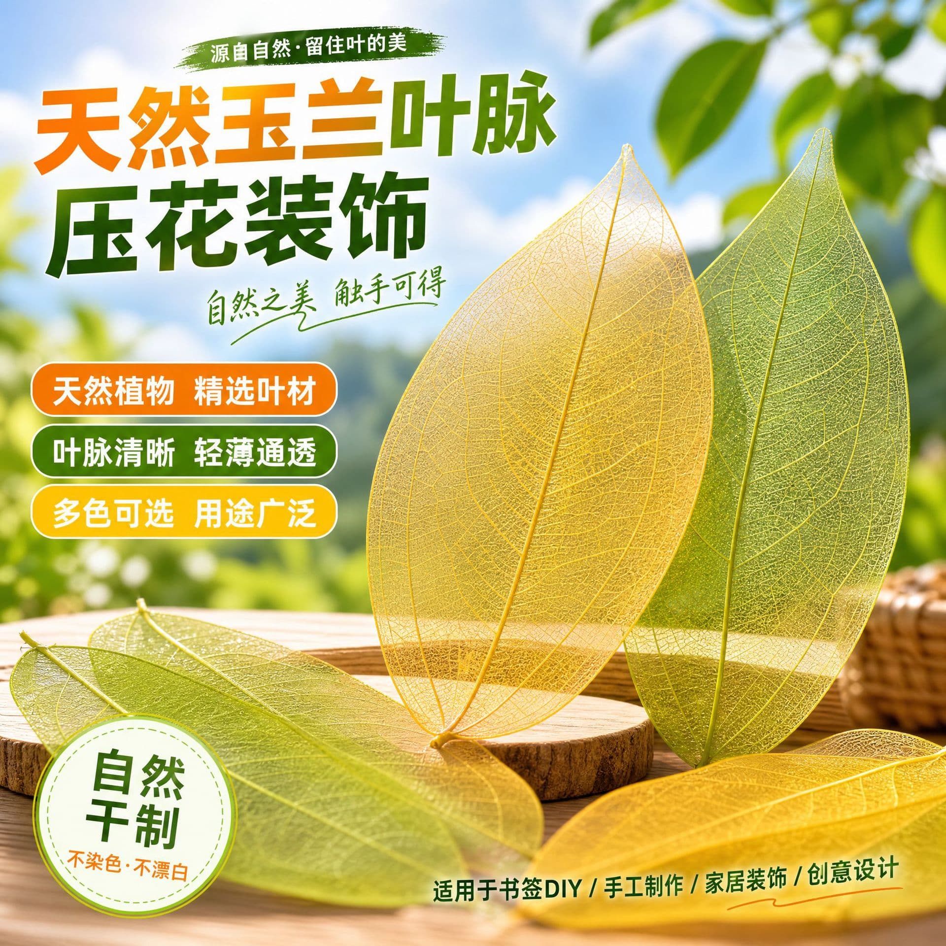 Light Yellow Magnolia Leaf Vein Pressed Flower Decoration Yunnan Dried Leaf Vein Colored Leaf Vein Laminated Bookmark Wholesale