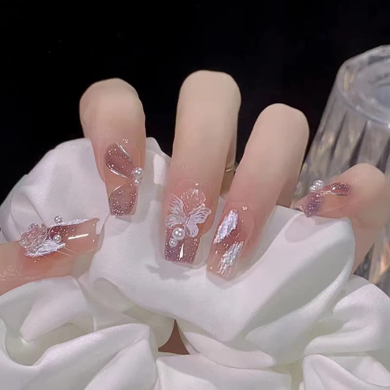 Blooming Blush Crystal Butterfly Diamond Camellia Long Nail Patch White Gentle High-End Finished Product Wholesale