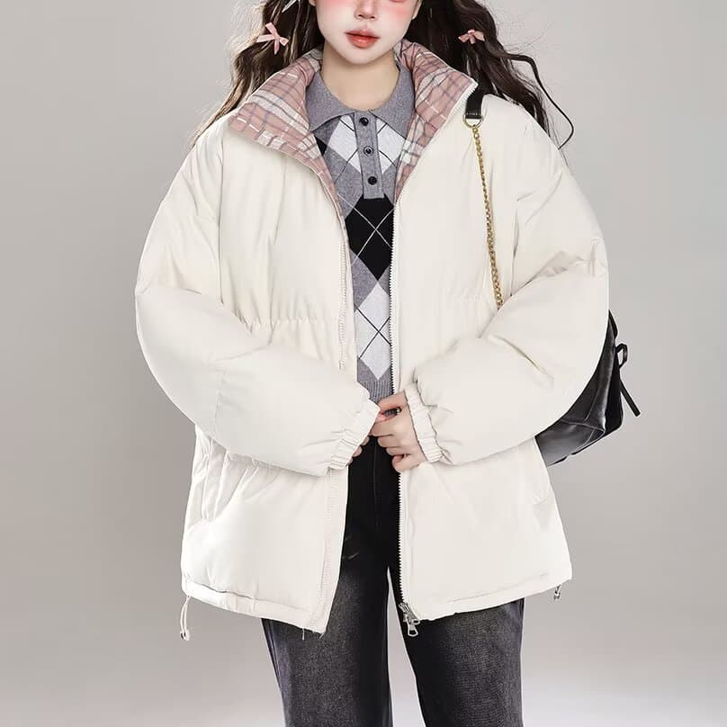 Design sense college style plaid patchwork stand collar cotton padded women's 2025 autumn winter new loose slim cotton coat.