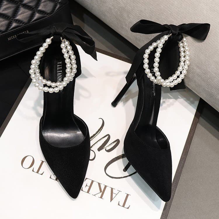 2025 new summer style suede pearl one-word buckle high heels shallow mouth pointed toe stiletto heels hollow bow single shoes for women