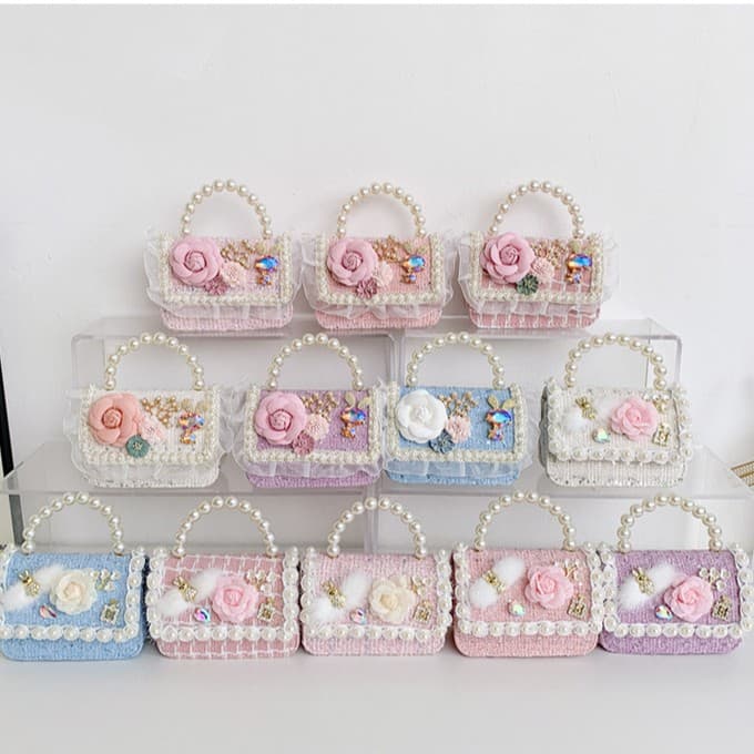 Girl's Handbag Fashion Bow Small Fragrance Style Tote Pearl Chain Cute Princess Girl's Bag