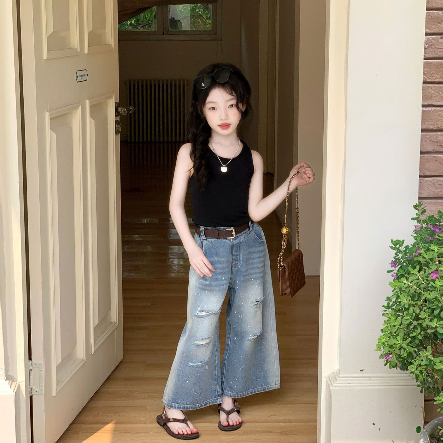 Girls' Vest Summer New Korean Solid Color Open Back Spaghetti Strap Tank Top with Design Sense and Temperament