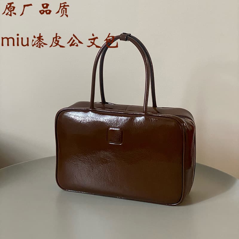Same Style as Miu 5Bb117 Long Handle Embossed Logo Oil Wax Patent Leather Men's and Women's Same Style Handbag Briefcase