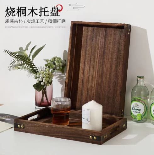 Burnt Paulownia Wood Tea Tray Rectangular Solid Wood Home Dining Tray Japanese Style Cup Handle Wooden Plate Tea Set
