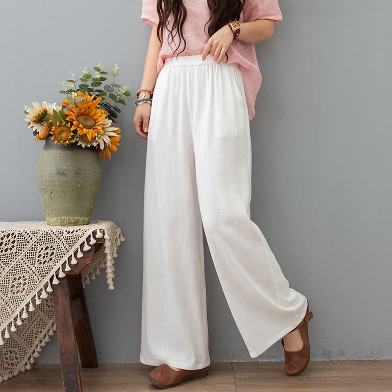 Solid Color Cotton Linen Pants, Spring Summer Wide Leg Pants, Wholesale Elastic Waist, Loose Drape Trousers, Plus Size Yoga Pants for Women Outdoor Wear