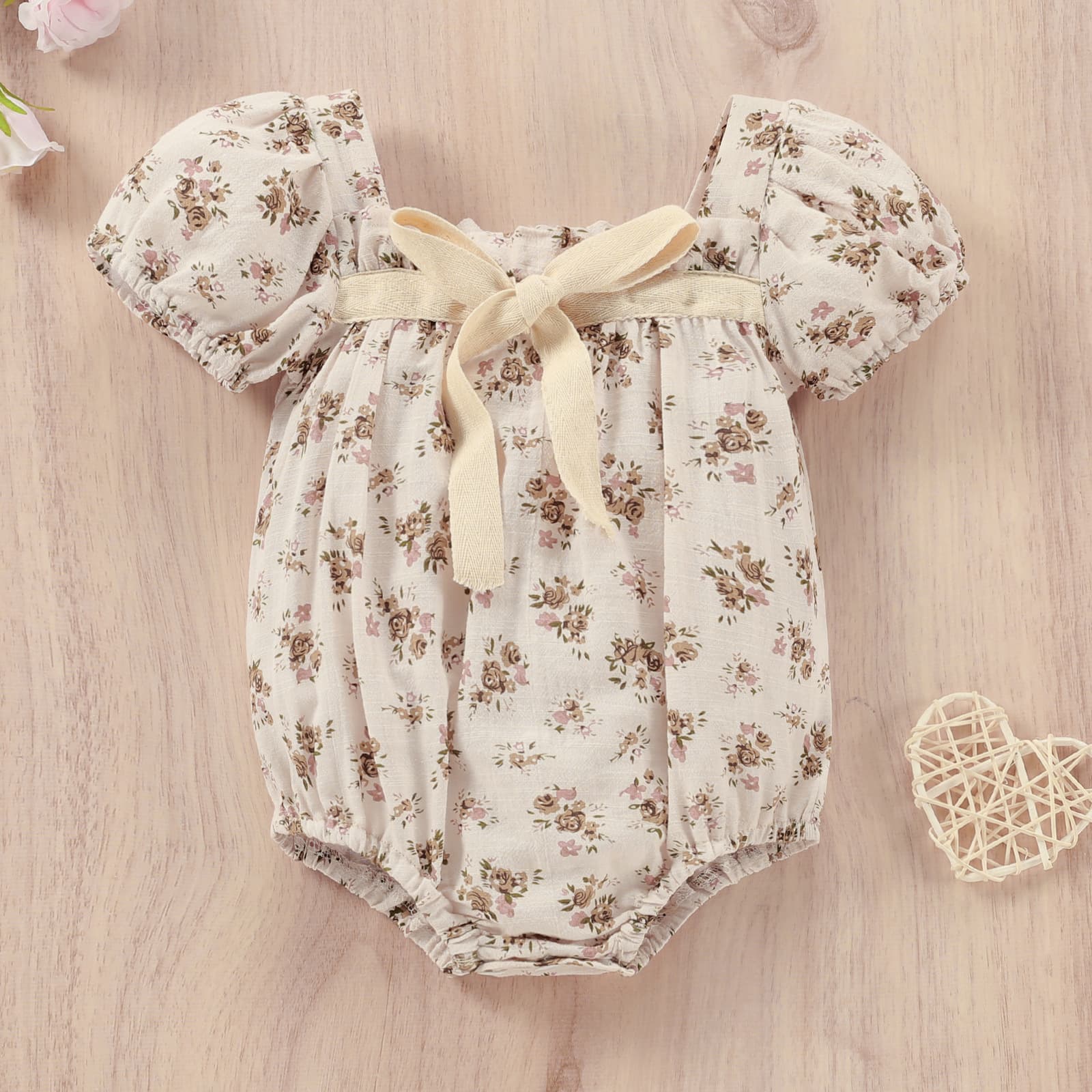 Baby Infant Summer New Floral Print Romper with Keyhole Neckline and Tie Front Short Sleeve Bodysuit Crawling Suit