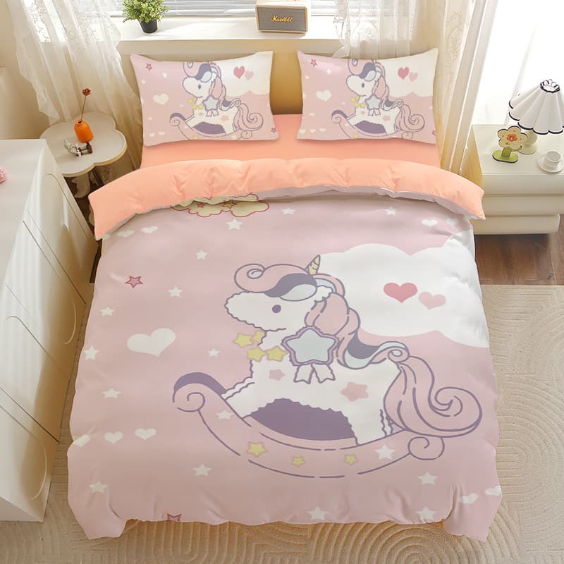 Cute Rainbow Unicorn Brushed Four-Piece Set, Cartoon Pony Three-Piece Set for Girls, Dormitory Single Duvet Cover