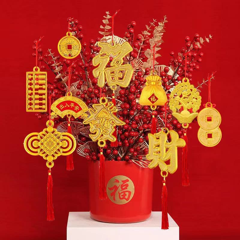 Spring Festival Flower Arrangement Money Barrel Decor, New Year Golden Small Pendant, Ingot and Abacus Potted Plant, Festive Room Decor for New Year and Housewarming