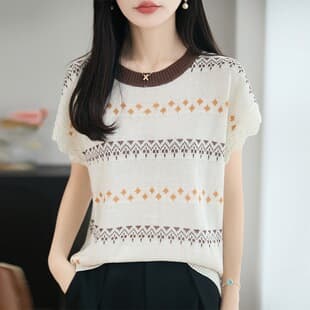 Slub Linen Round Neck Knit Short Sleeve Jacquard Contrast Hollow 2026 Summer New Loose Fit Base Women's T-Shirt