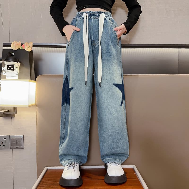 Girls' Wide-Leg Pants Spring/Fall, Mid-Older Kids Loose Straight-Leg Jeans, Stylish Trendy Autumn Children's Pants