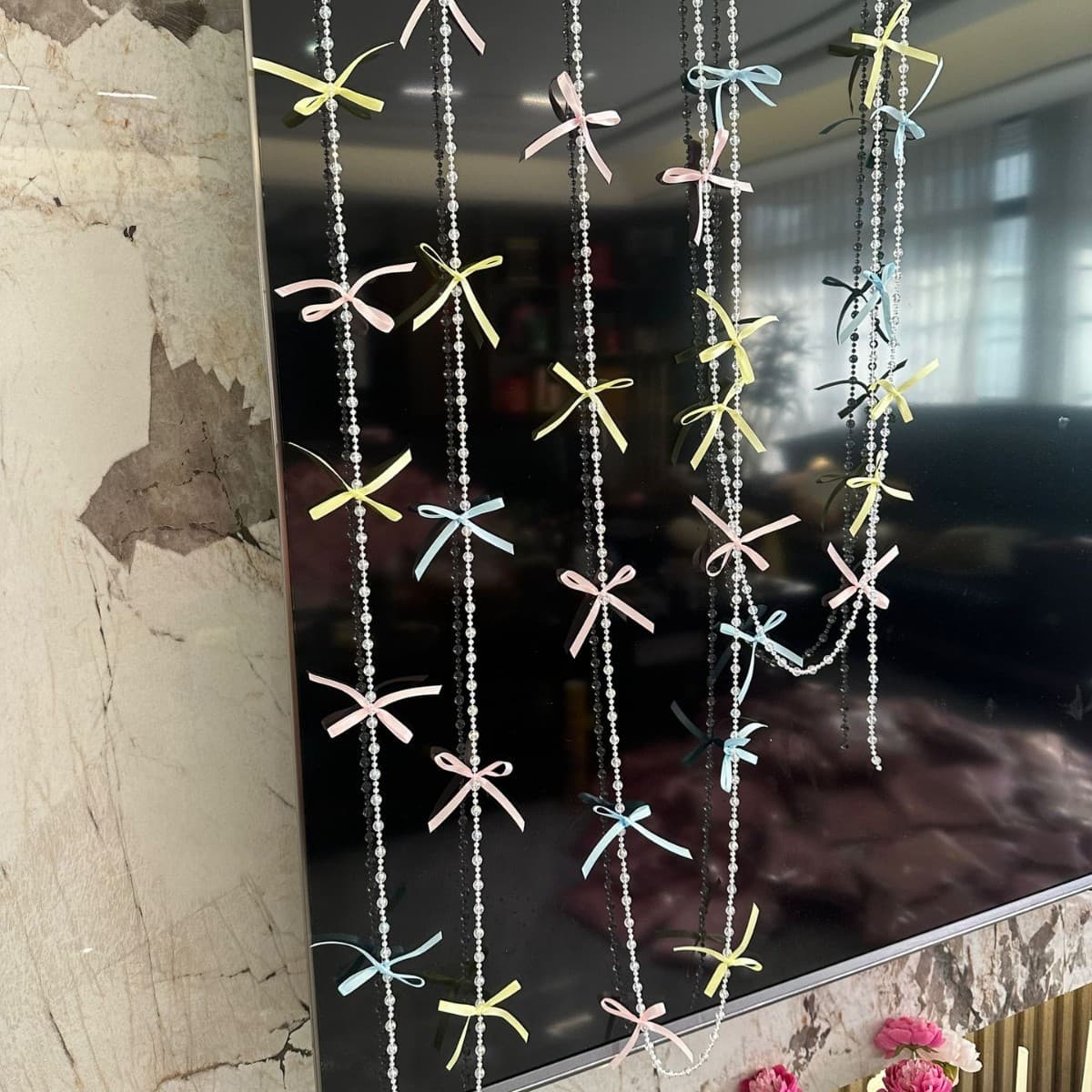 Cross-Border New Product Ins Ballet Style Bow Bead Curtain Bead String Dreamy Door Curtain Girly Heart Internet-Famous Shop Window Decoration