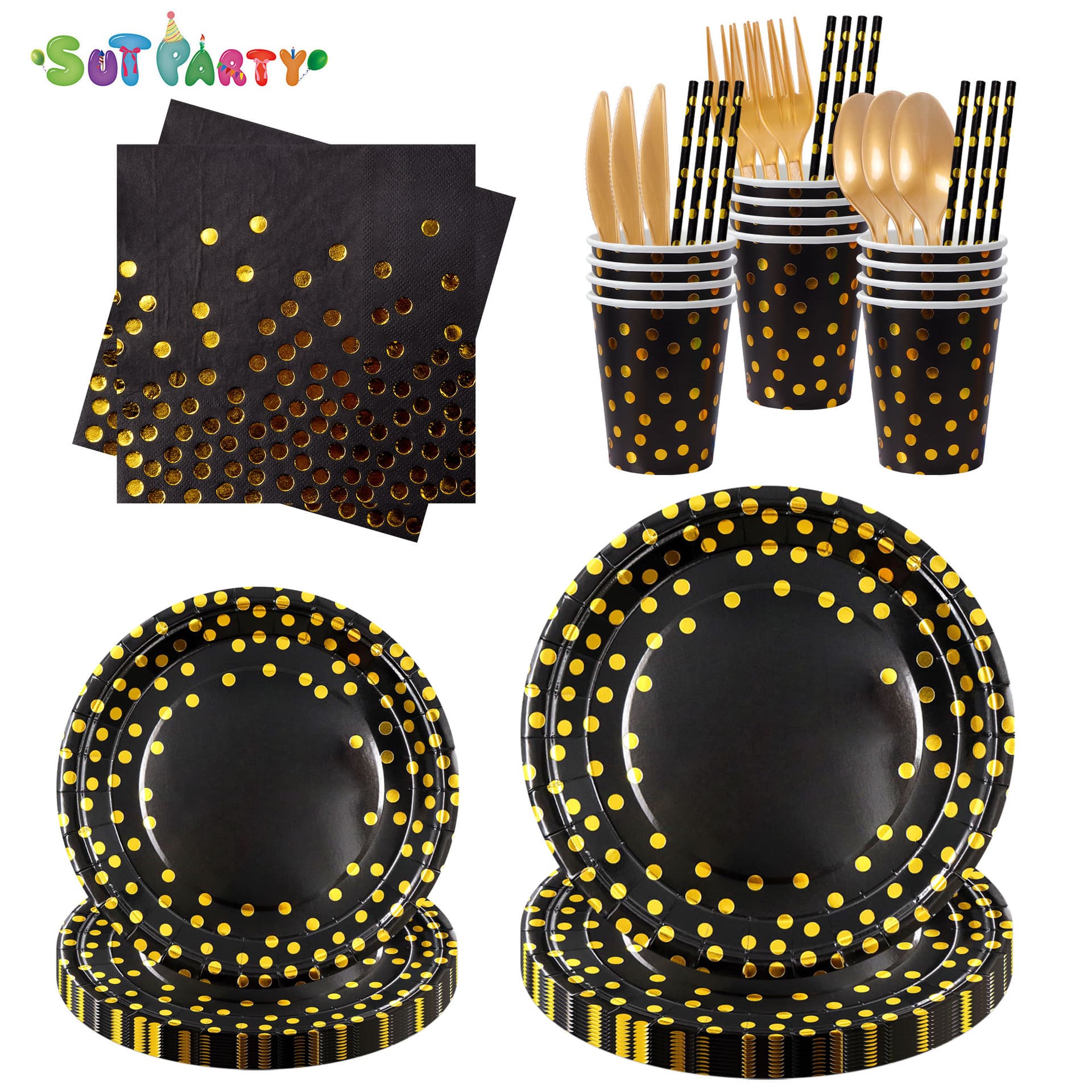 Cross-border Gold Foil Dot Theme Birthday Party Decoration Set Disposable Paper Plates Cups Napkins Cutlery