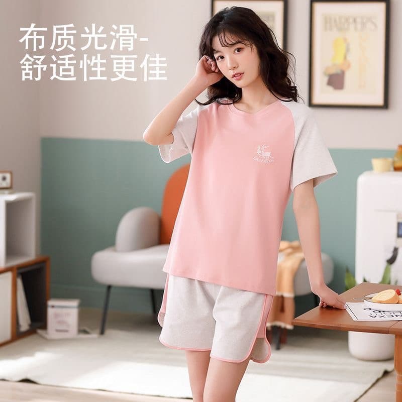 Women's Summer Pajama Set 100% Cotton Short Sleeve Shorts Two-Piece Sexy Plus Size Cotton Loungewear for Spring and Summer