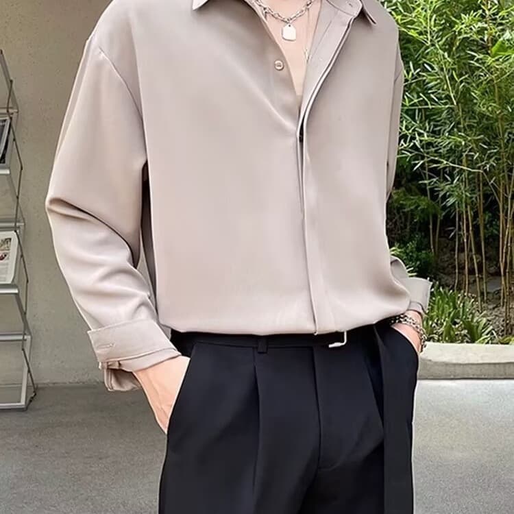 Premium Non-Iron Draping Silky Solid Black and White Shirt for Men and Women, Long-Sleeve Streetwear Loose Ice-Silk Light Mature Style Shirt
