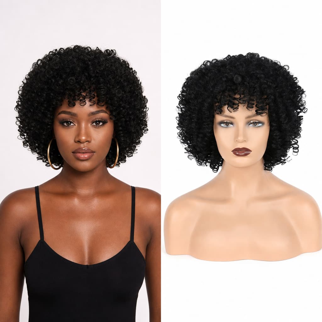 African short curly hair, small curls, fluffy afro, curl cross-border wig, female full headgear, medium short hair, perruque