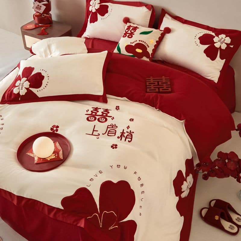 Wedding long-staple cotton bedding four-piece set, all-cotton pure cotton red applique embroidered comforter cover, skin-friendly bed sheet style bedding