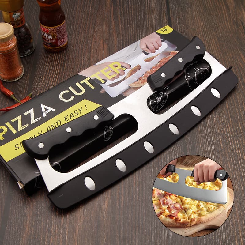 Pizza Cutter with Dual Handles, Wooden Handle Semi-Circular Pizza Rocker Knife, Stainless Steel Pizza Cutter with New Protective Cover