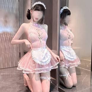 Sexy See-Through Hot Maid Uniform with Stockings Temptation Cutout Passion Easy-Off Pure Desire Lingerie Lace Nightgown