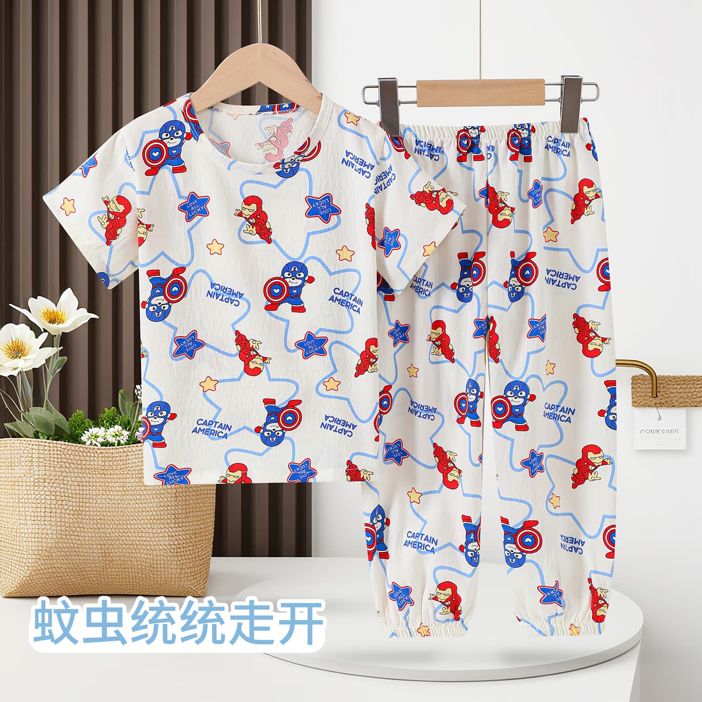 Girls Summer Pajamas Set, Thin Round Neck Cloud Cotton, Cartoon Iron Man Design, Homewear for Boys and Girls, Middle and Big Kids
