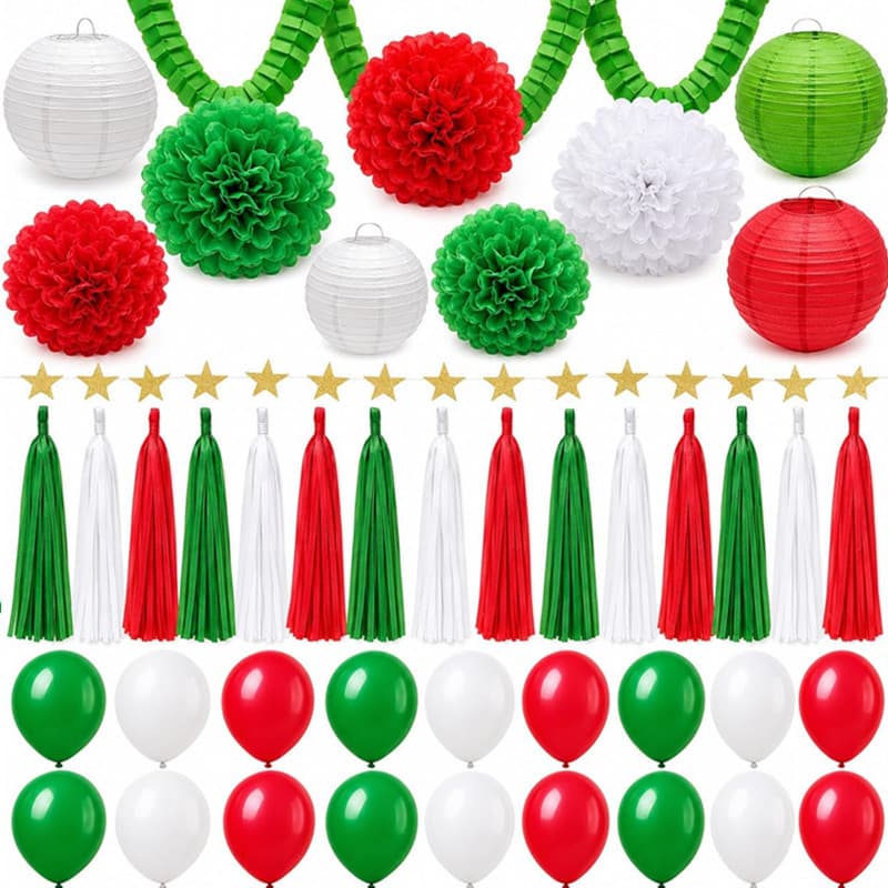43-piece Christmas red and green balloon set, lanterns, flower balls, paper flower banners, Christmas party scene decoration set