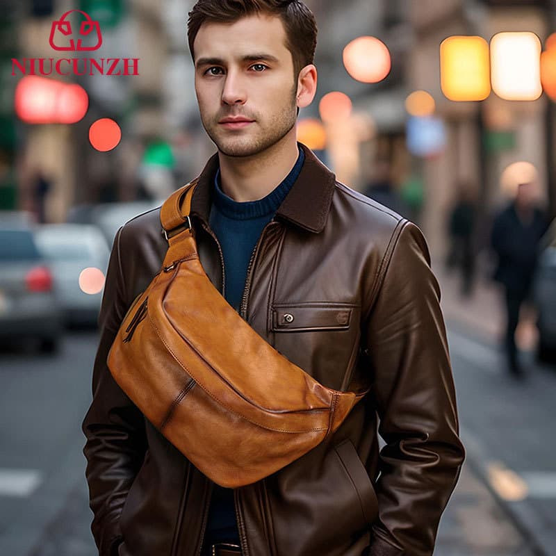 Large Capacity Men's Crossbody Leather Waist Bag Convenient Multi-Function City Simple Style Pure Color Daily Match NIUCUNZH