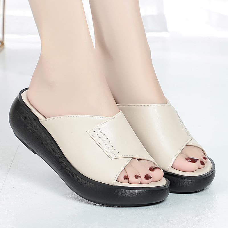 2026 new summer thick-soled raised wedge-heeled genuine leather outer slippers, versatile half-slip women's platform-soled leather slippers