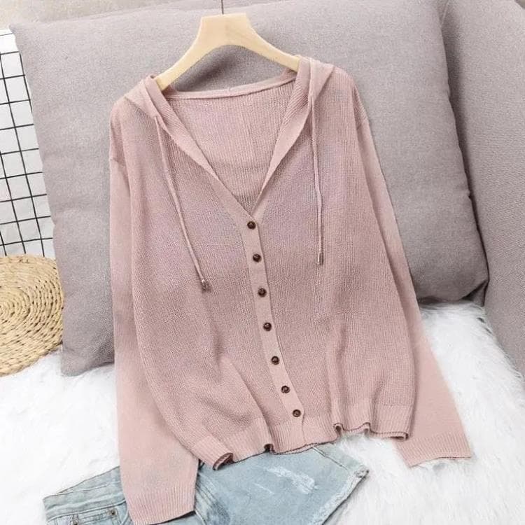 Women's Summer Sun Protection Hooded Ice Silk Knitted Cardigan, Loose Hollow Thin Style