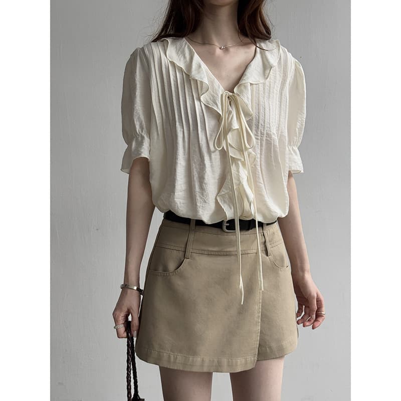Geming French Vintage Ruffled Tie V-Neck Short Sleeve Blouse Women Summer New Commute Top AN151