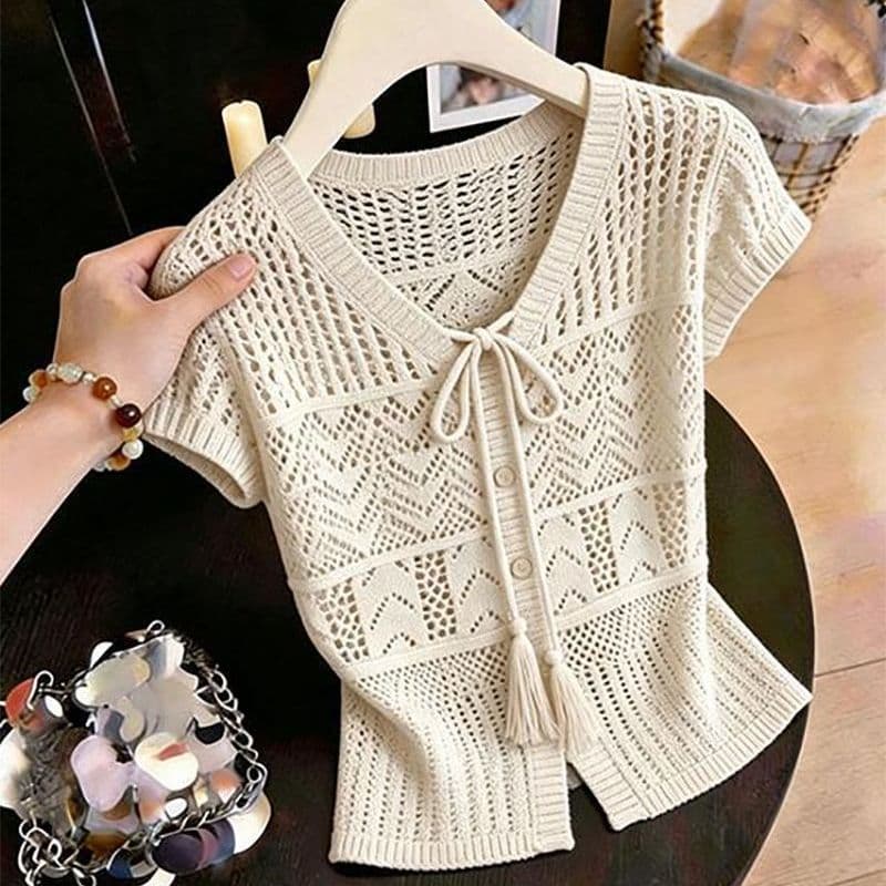 2026 Summer Mesh See-Through Slimming Elegant New Short-Sleeve Knit Top Old Money Style Blouse