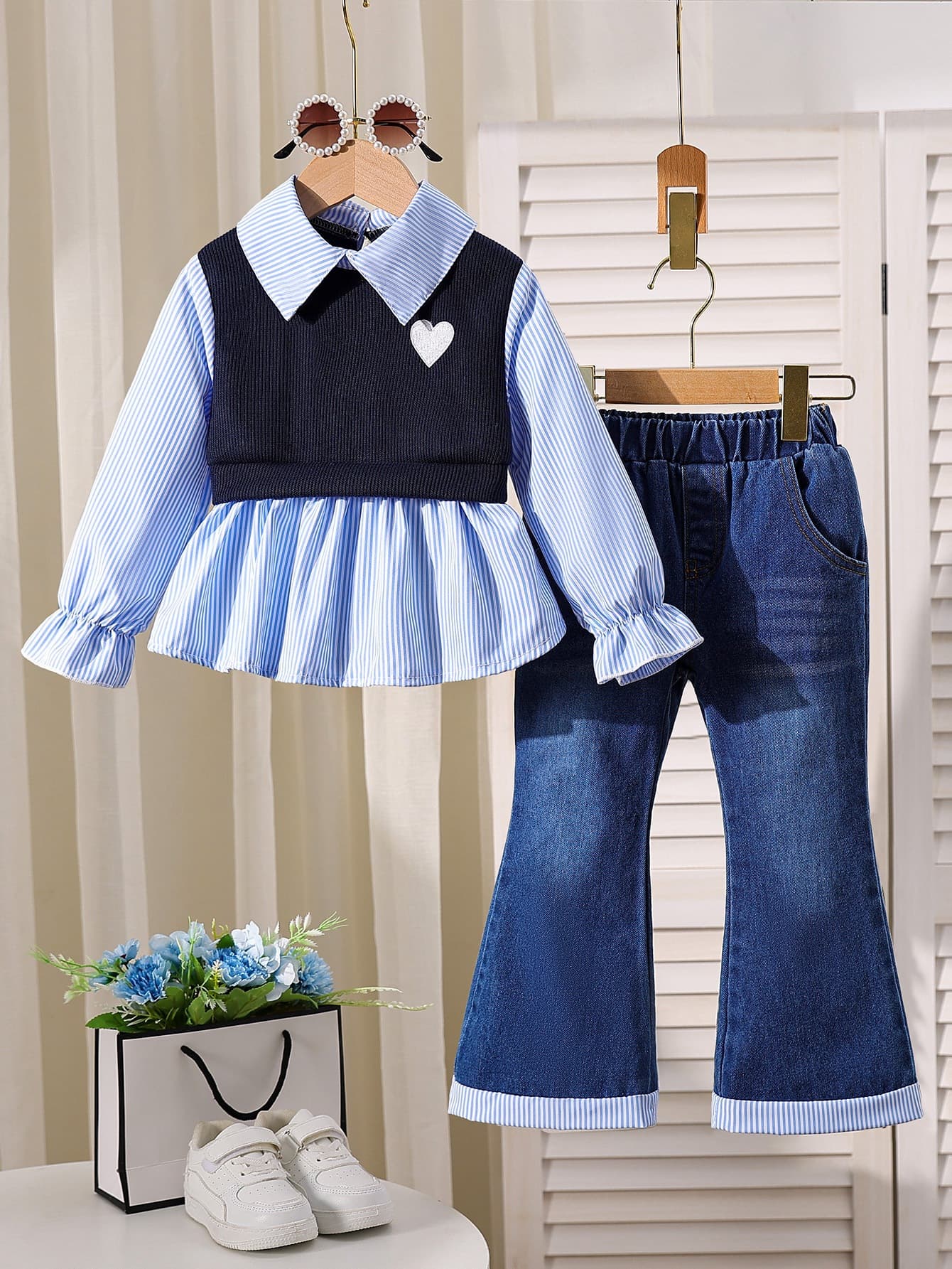 2026 New Autumn Cross-border Girls Collar Shirt Patch Top + Denim Flare Pants Two-Piece Set
