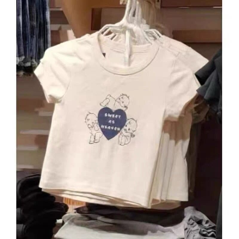 BM style summer little angel love pattern printed shoulder t-shirt women's short pure desire slimming short-sleeved top
