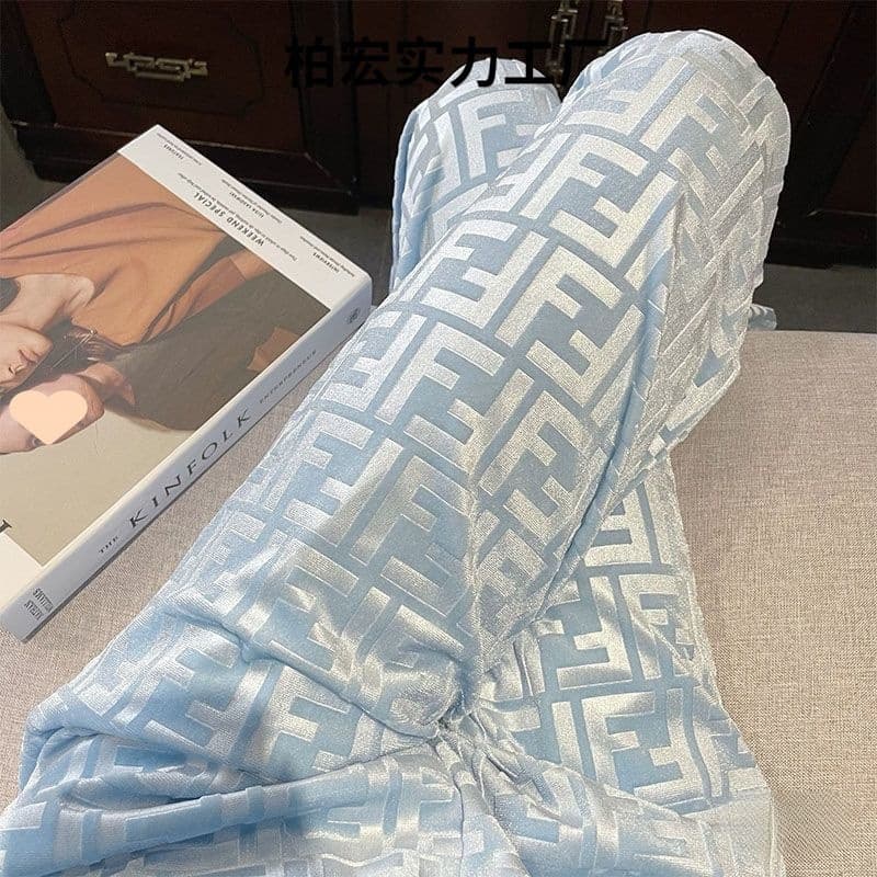 European Style Blue Wide-Leg Pants with Double Letter Print for Women, Autumn Flowy Loose Casual Trousers, Streetwear Cool Trendy