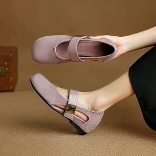 French Style Inner Heightening Suede Leather Shallow Mouth Shoes for Women, 2026 New Style, Niche One-Buckle Hollow Soft Leather Mary Jane Shoes