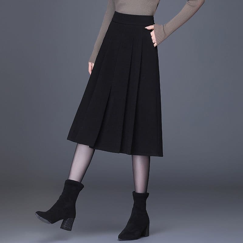 Black midi skirt for women, new autumn/winter style, high-waisted, slimming, with pockets, elastic waist, pleated skirt.